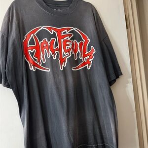 Gray Half Evil 333 Metal Logo Graphic T-Shirt with Red Print